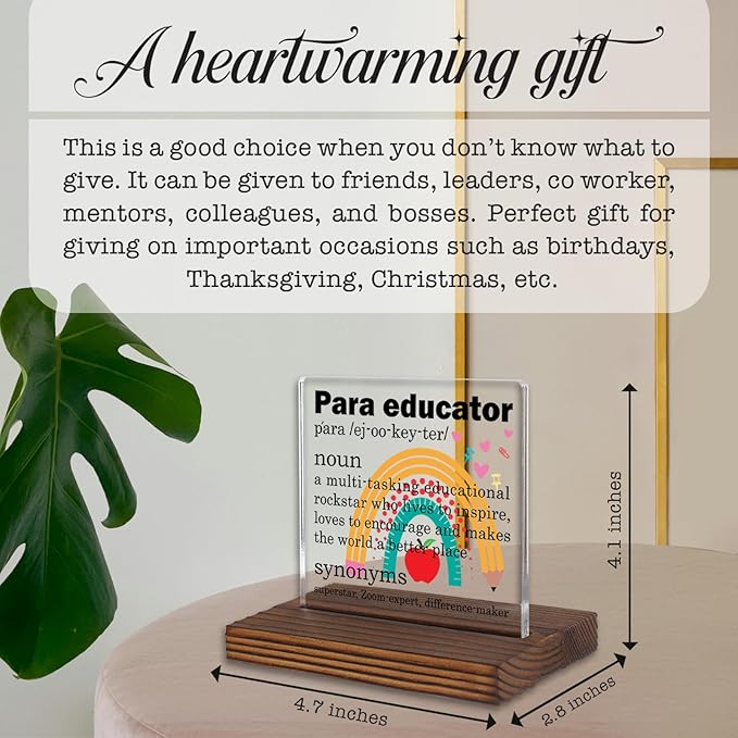 Paraeducator Gifts, Thank You Rainbow Desk Sign for Classroom Support Staff and Teacher Aides, Inspirational Education Assistant Recognition Plaque PA053