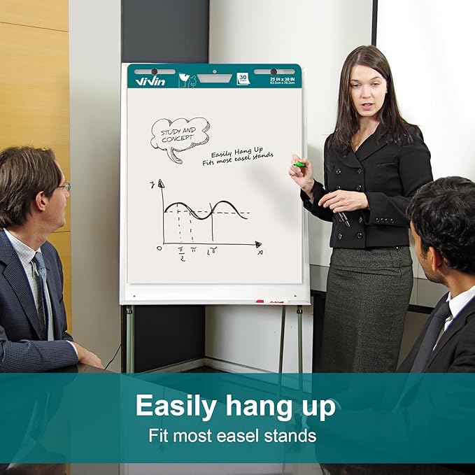 ViVin Super Sticky Easel Pad, 25 x 30 Inches Flip Chart Paper for Teachers, Large Self Stick Easel Paper, Teacher Anchor Chart, 30 Sheets/Pad, 2 Pads/Pack