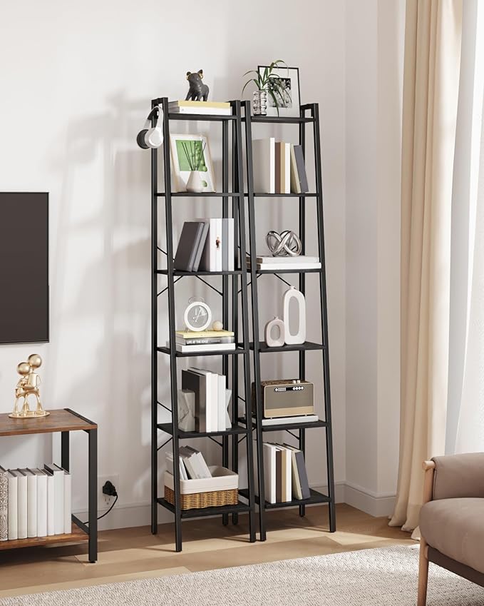Hzuaneri Ladder Shelf, Bookshelf Bookcase, Freestanding Corner Storage Shelve with 2 Hooks for Home Office, Living Room, Kitchen, Bedroom, Industrial, 11.8" D x 13.4" W x 72.8" H, Black BC13304B