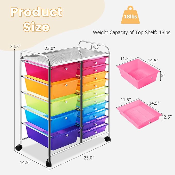 COSTWAY 15 Drawer Rolling Storage Cart, Multipurpose Mobile Storage Organizer w/Removable Drawers & Metal Frame, Utility Tools Paper Organizer on Wheels for Home, Office (Rainbow)