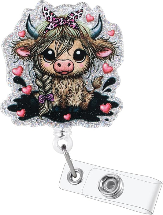 Funny Bow Highland Cow Nurse Badge Reel, Cute Retractable ID Card Pediatric Badge Holder, Name Tag Badge Buddy for RN CNA LPN MA Nurse Nursing Student Doctor Medical Social Workers & Office Staff