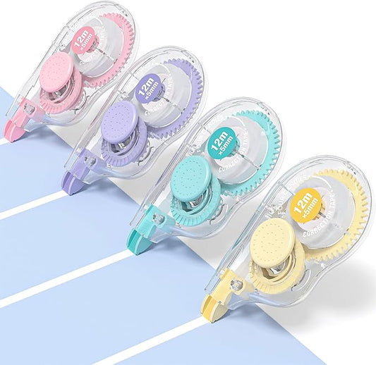 Four Candies White Correction Tape, 39.4 Feet, 4 Pack Easy to Use Applicator for Instant Corrections, Tear-Resistant, Smooth & Quick-Drying Tape for Office & School Supplies