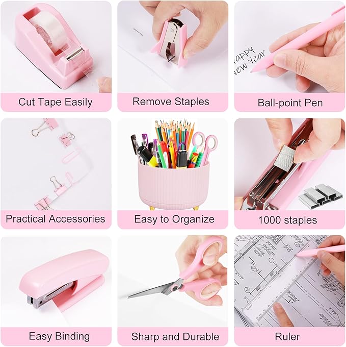 Gawsey Desk Organizers and Accessories Set with 360-Degree Rotating Pen Holder, Tape Dispenser, Stapler, Staple Remover, 1000 Staples, Tape, Clips Set, Ruler, Scissor, Pen
