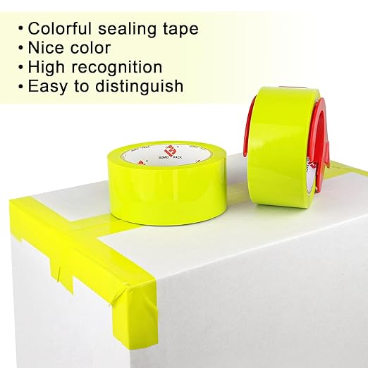 BOMEI PACK Heavy Duty Colored Packing Tape with Dispenser 1.88 Inch x 60 Yards (Yellow) 6 Rolls, 2.4 mil Industrial Grade Packaging Tape for Shipping, Moving, Mailing & Storage