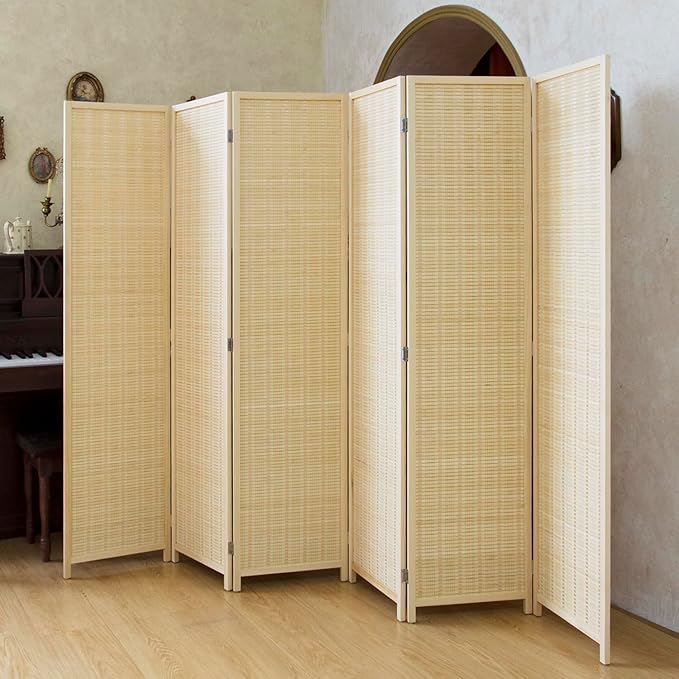 Loomveil 6 Panel Room Divider Folding Privacy Screen,67 inch Bamboo Panel Divider for Home Partition,Beige