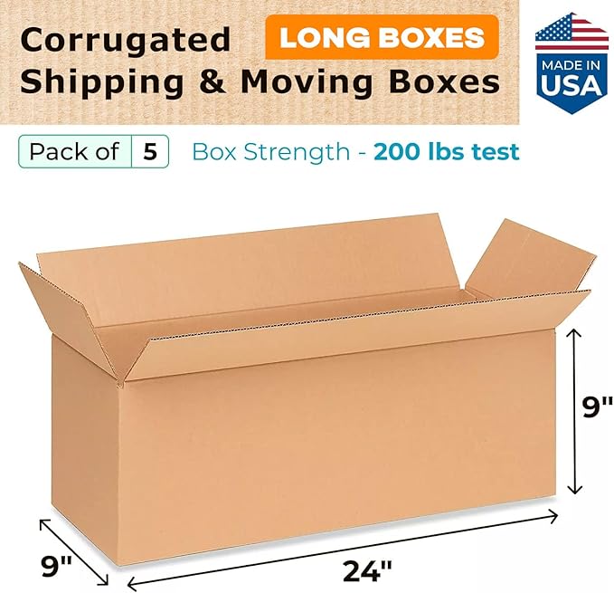 Long Moving & Shipping Boxes 24 x 9 x 9 inches (5-Pack) - Extra Strength 200 lb vs Regular - Corrugated Packing Boxes for Delivery - Cardboard Box - Corrugated Shipping Box by IDL Packaging
