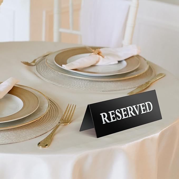 6 Pieces Table Top Reserved Sign Table Signs Reserved Seating Signs Double Sided Table Tent Sign for Wedding Restaurant Family Ceremony Events (White Words Black Background,7.8 x 2.75 Inches)