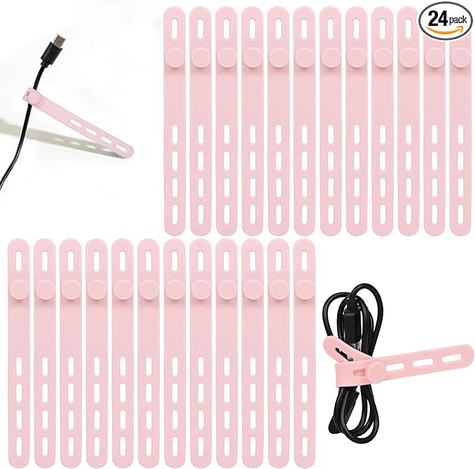 Donruby 24Pcs Silicone Cable Ties - Reusable & Washable with Locking Buckles, Adjustable Fastening Cable Management Straps, Multi-Purpose High Elasticity Cord Organizer (Pink)