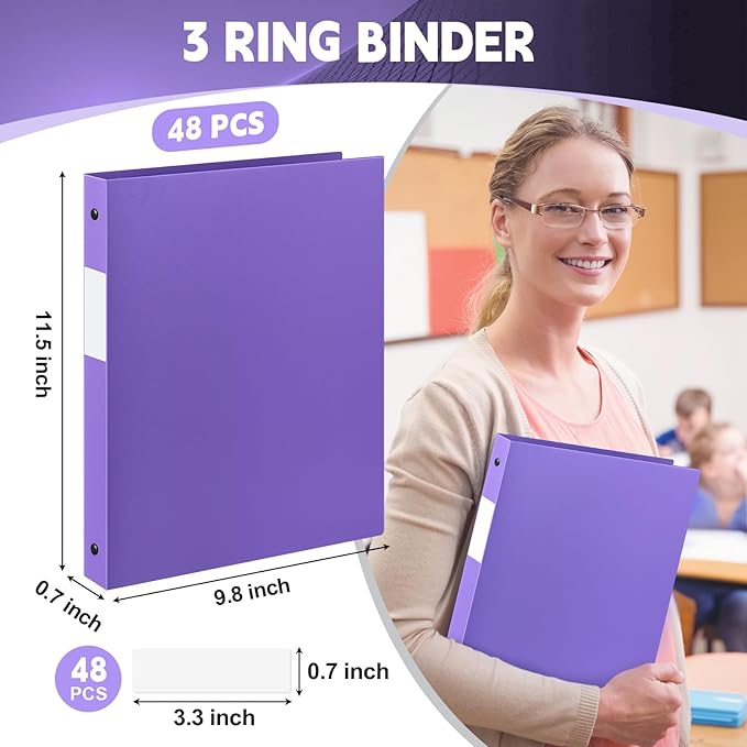 Henoyso 48 Pcs 3 Ring Binder 0.5 Inch Round Fits Letter Size 8.5'' x 11'' Paper Plastic Flexible Binder Bulk Holds 140 Sheets with 1 Pockets Versatile Organizer for Home Office School (Purple)