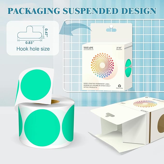 2 Inch Round Color Coding Labels (500 Count) - Aqua Dot Stickers Circle Labels with Dispenser Box for Warehouse, Filing, Industrial, Office Organization