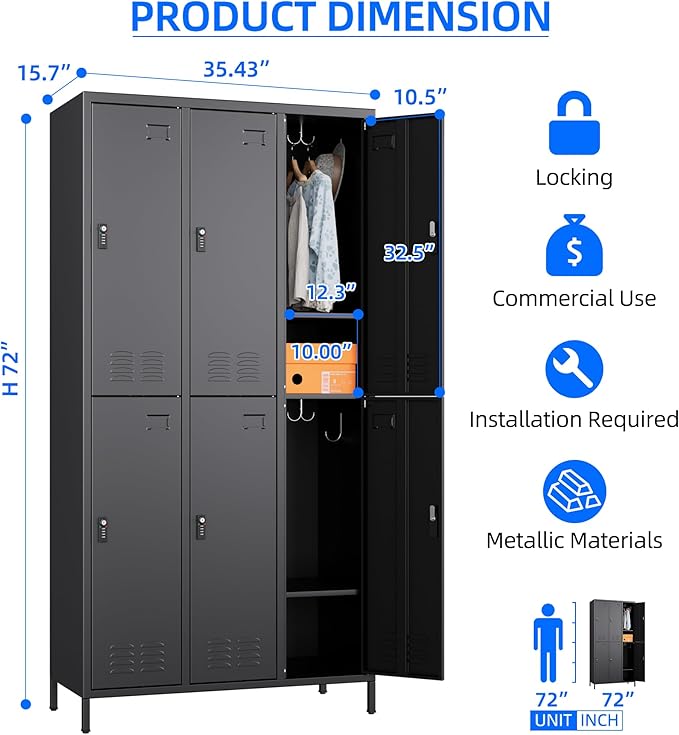 SUPEER 6 Doors Metal Locker for Employees with Combination Locks,Metal Lockers with Business Card Holder and 18 Hooks for Office Gym Home,Assembly Required,Black