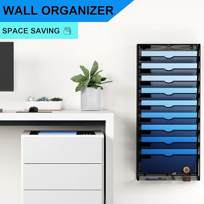 GDINDINFAN Hanging Wall File Organizer 10 Tier Wall Mounted File Holder Document Wall Organizer Magazine Organization for Office Home, Black