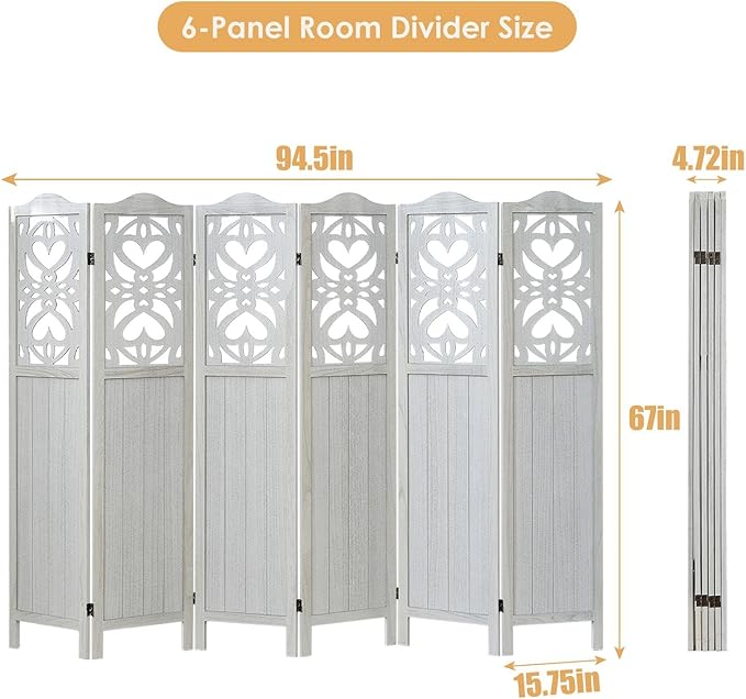 ALeesing 6 Panel Room Divider Fully Assembled, Carved Room Dividers and Folding Screens, 5.6Ft Wood Room Divider Screen Freestanding Partition Wall Dividers for Home Bedroom Office, Rustic White