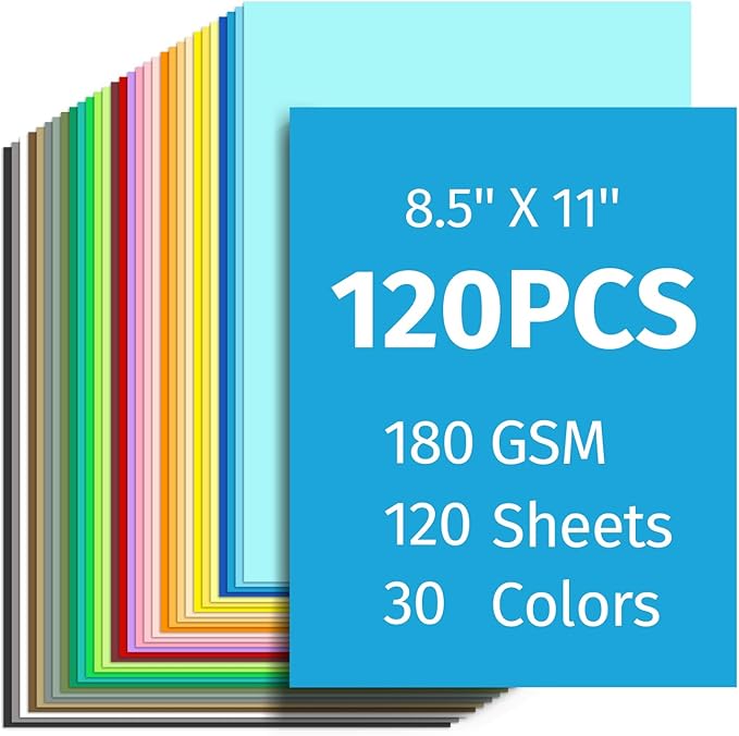 INFOOD 120 Sheets 8.5" X 11" Colored Cardstock Bulk, 30 Assorted Colors Construction Paper Card Stock Paper for Printing, Card Making, DIY Crafts, School & Office Supplies, Party Decorations, 180 GSM