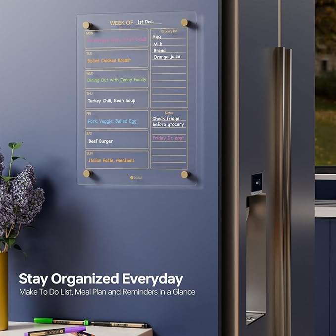 Clear Glass Weekly Dry Erase Calendar & Menu Non-Magnetic Whiteboard for Wall, Meal Plan & Grocery List White Board for Kitchen, 15x11, 7 Days Home Planner, 4 Wet Erase Markers Included, Yeoux
