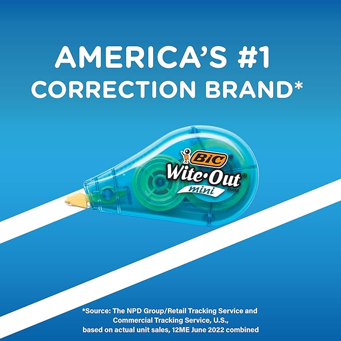 BIC Wite-Out Brand Mini Correction Tape, 16.4 Feet, 12-Count Pack of White Correction Tape, Compact Tape Office or School Supplies