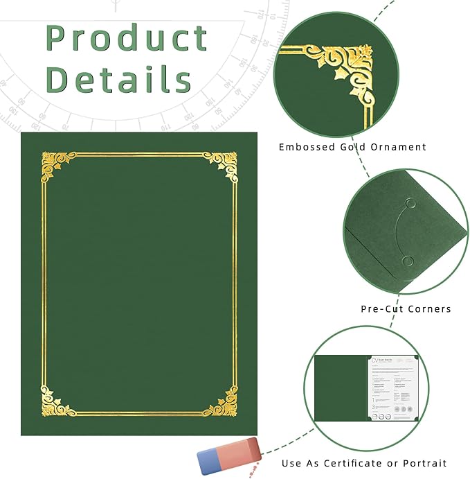 HAUTOCO 50 Pack Certificate Holders, Green Diploma Folders Certificate Covers with Gold Foil Border for Letter Size 8.5x11 Cardstock, Award, Document, Graduation