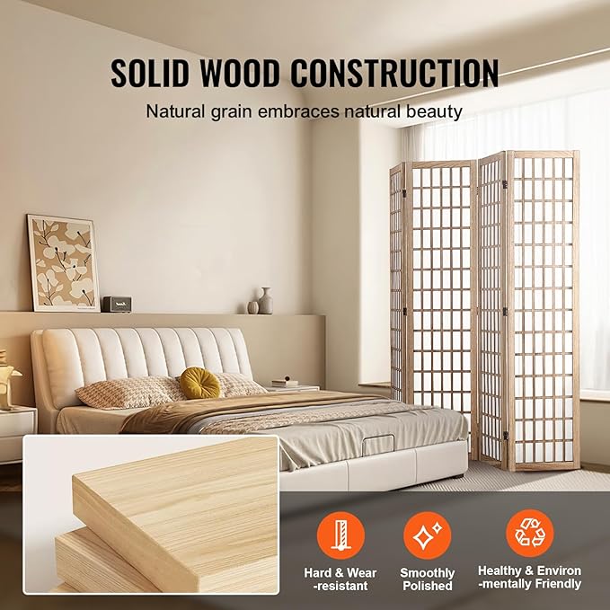 VEVOR Room Divider, 4 Panel Japanese Room Divider, Folding Privacy Screen Indoor, Portable Partition Dividers and Decoration Screens, for Room Separation, Home, Office, Restaurant & Bedroom (Natural)