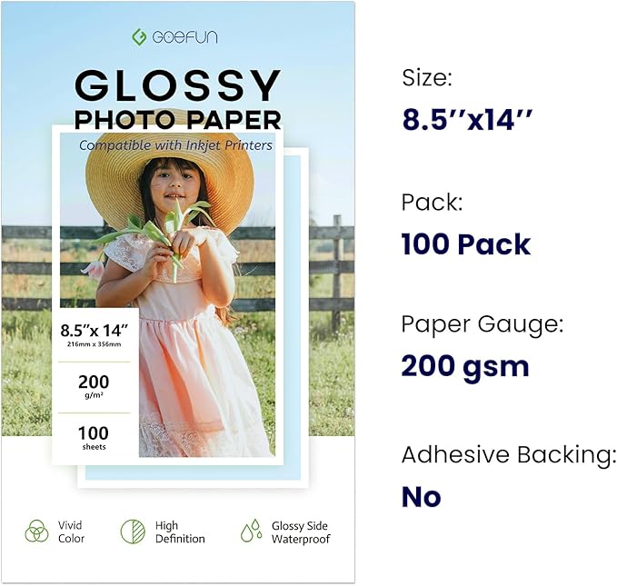 Glossy Photo Paper 8.5 x 14, Goefun 200 GSM/54 LB Legal Printer Paper for Inkjet Printer and Dye Ink, 100 Sheets