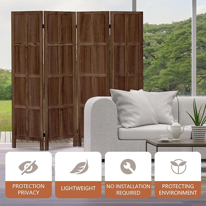 Leesinwing Wood Room Divider 4 Panel Folding Privacy Screen, Classic 5.6Ft Indoor Wooden Partition, Portable Partition Wall Divider for Room Separation, Home, Office, Bedroom, Restaurant (Brown)
