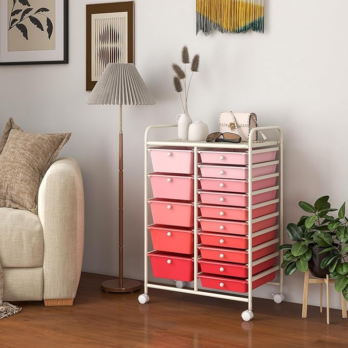 LDAILY 15 Drawer Rolling Storage Cart, Rolling Cart with Drawers for Classroom, Art Supply Craft Organizer on Wheel with Metal Frame & Handles for Home Office School