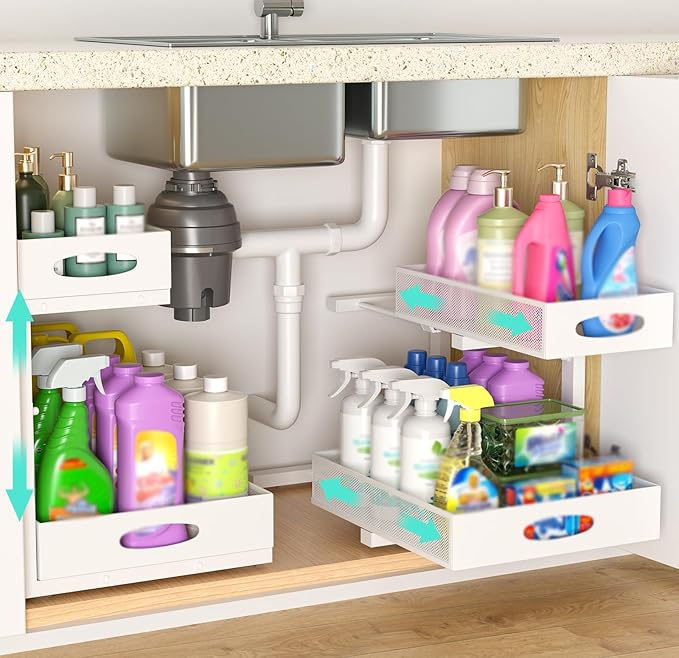 Beleeb Under Sink Organizer, Extra-Wide Upgrade, 2 Pack 2 Tier Metal Slide Out Cabinet Organizer, Height Adjustable Organization and Storage Series, Bathroom/Cabinet/Kitchen organization, White