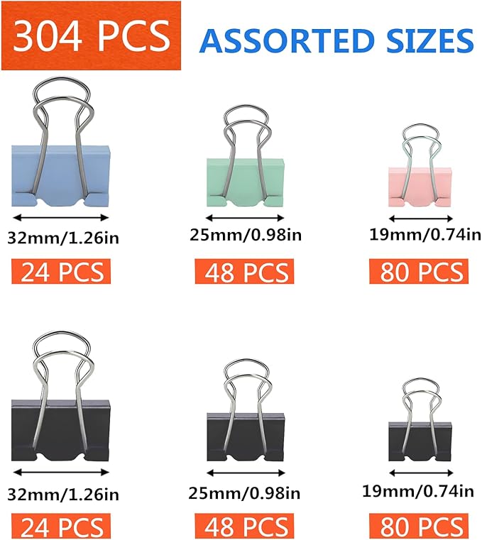 304 PCS Assorted Sizes Binder Clips Paper Clamps Including Large,Medium,Small Colored Paper Clips for Office Supplies Home School