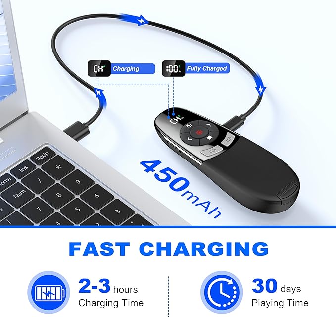 [Timer LCD Display] Rechargeable Presentation Clicker Wireless Presenter Remote w Laser Pointer Long Range Power Point Clicker Slide Clicker for Office Classroom Teacher