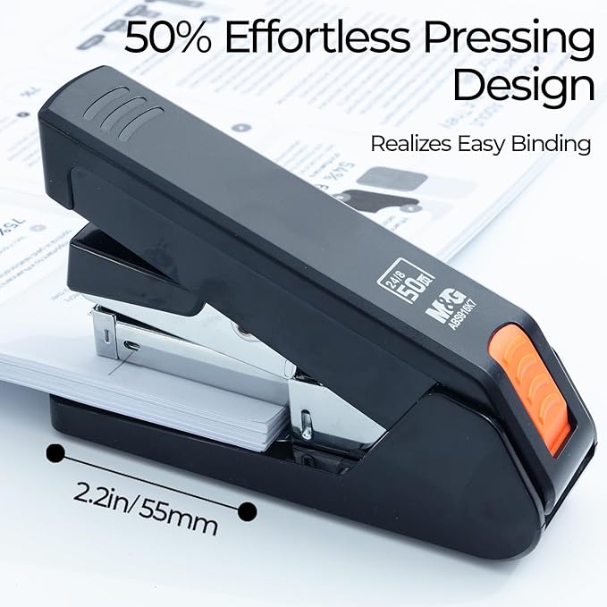 M&G Effortless Stapler 50 Sheet Capacity One-Touch Stapling, Heavy Duty Desktop Stapler Includes 1000 Staples and Remover, Portable Handheld Staplers for Home Office (Black)