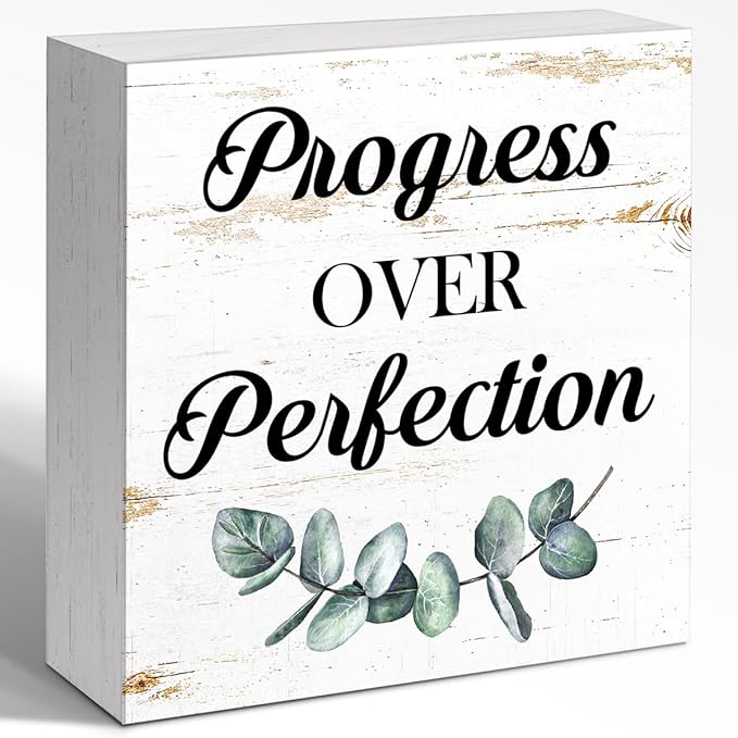 WUZYOU Inspirational Wood Box Sign - Progress Over Perfection Motivational Quote - 5x5x1 Inch Wooden Plaque - Positive Wall Decor for Home & Office - Desk Display