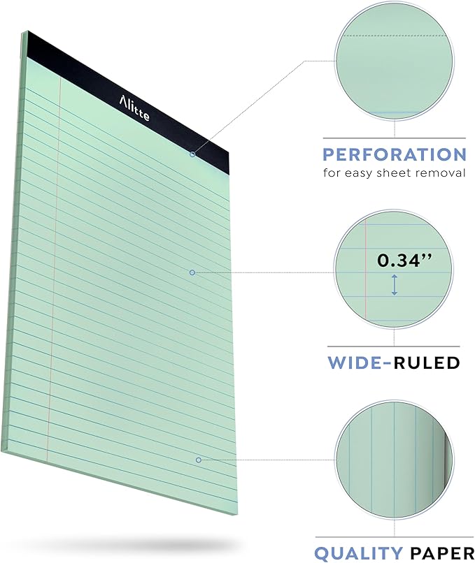 Alitte Colored Legal Pads 8.5 x 11, Pack of 12 - Perforated Wide Ruled Writing Note Pads - Premium Thick Paper, No Ink Bleeding - Lined Legal Pad For Home, Office, School, Business - 50 Sheets