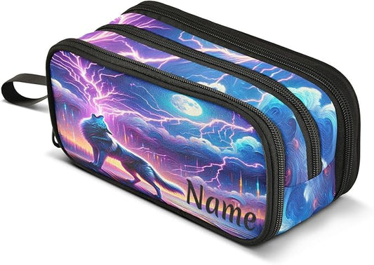 BOENLE Custom Wolf Howling Moon Lightning Pencil Case Box Boys Girls Personalized Name Large Pencil Pouch Stationery Pen Bag Organizer for Kids Adults School Office