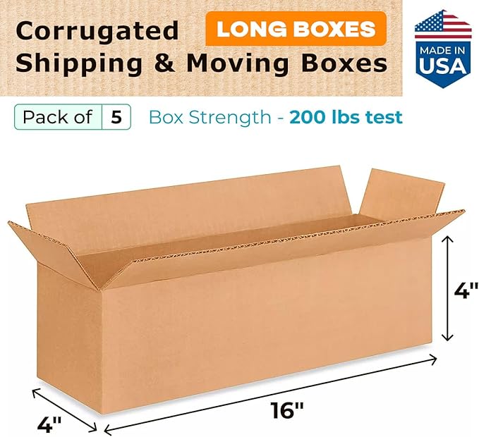 Long Moving & Shipping Boxes 16 x 4 x 4 inches (5-Pack) - Extra Strength 200 lb vs Regular - Corrugated Moving Boxes for USPS/UPS/FEDEX - Strong Shipping Box - Cardboard Box by IDL Packaging