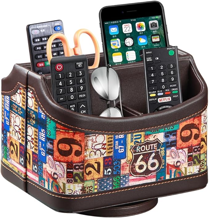PUSU Remote Control Holder, Colorful Pattern Nightstand TV Caddy, PU Leather 360 Degrees Rotatable Desktop Organizer Storage Box for TV Remotes/Media Controllers/Office Supplies