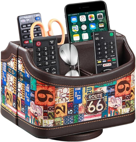 PUSU Remote Control Holder, Colorful Pattern Nightstand TV Caddy, PU Leather 360 Degrees Rotatable Desktop Organizer Storage Box for TV Remotes/Media Controllers/Office Supplies