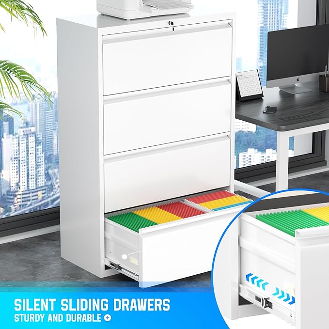 Greenvelly 4 Drawer File Cabinet, Metal Filing Cabinet with Lock, White Lateral File Cabinet for Home Office, Locking File Cabinet for Letter/Legal/F4/A4 Size Hanging Files, Easy Assembly