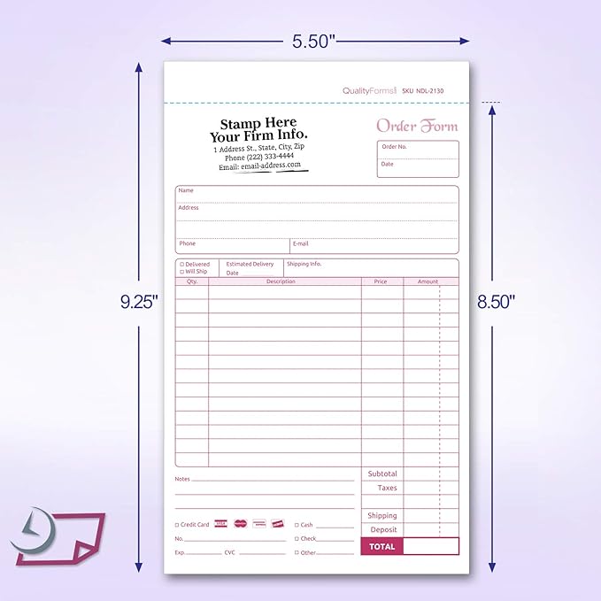 NextDayLabels - NCR Carbonless Order Forms, Bound Wraparound Cover, 50 Sets per Book. (5-1/2 x 8-1/2" - 2 Part)