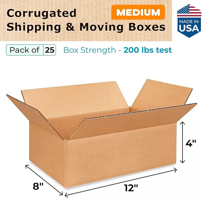 Medium Moving & Shipping Boxes 12"L x 8"W x 4"H (25-Pack) - Extra Strength 200 lb vs Regular - Corrugated Heavy Duty Packing Boxes - Strong Corrugated Box - Cardboard Packing Box by IDL Packaging