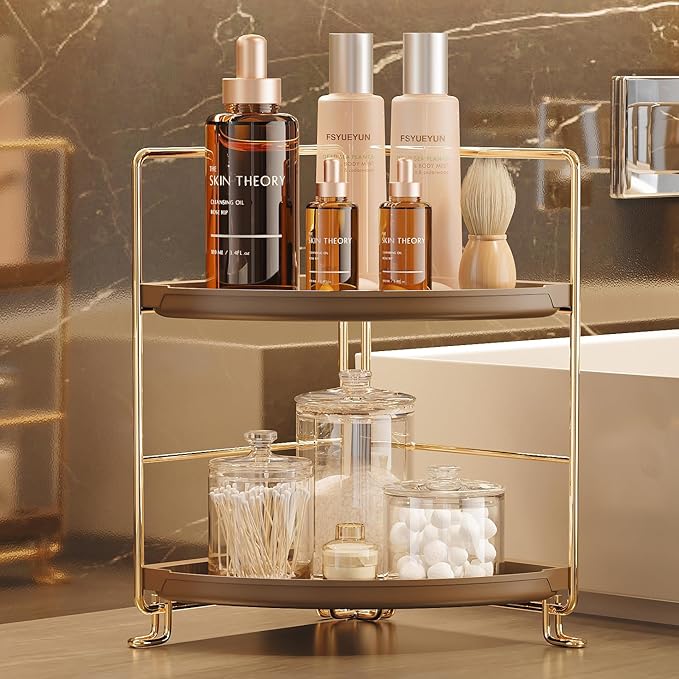 FSyueyun 2-Tier Corner Bathroom Counter Organizer, Tool-Less Installation Corner Vanity Organizer Small Plastics Countertop Makeup Tray Skincare Perfume Organizers (Gold & Brown)