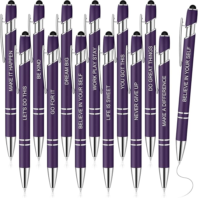 Zonon 12 Pcs Inspirational Pens Bulk Funny Ballpoint Pen with Stylus Tip Motivational Gifts for Valentine's Day Teacher Coworkers Nurse School Office Supplies(Dark Purple,Motivational Style)