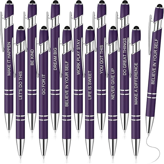 Zonon 12 Pcs Inspirational Pens Bulk Funny Ballpoint Pen with Stylus Tip Motivational Gifts for Valentine's Day Teacher Coworkers Nurse School Office Supplies(Dark Purple,Motivational Style)
