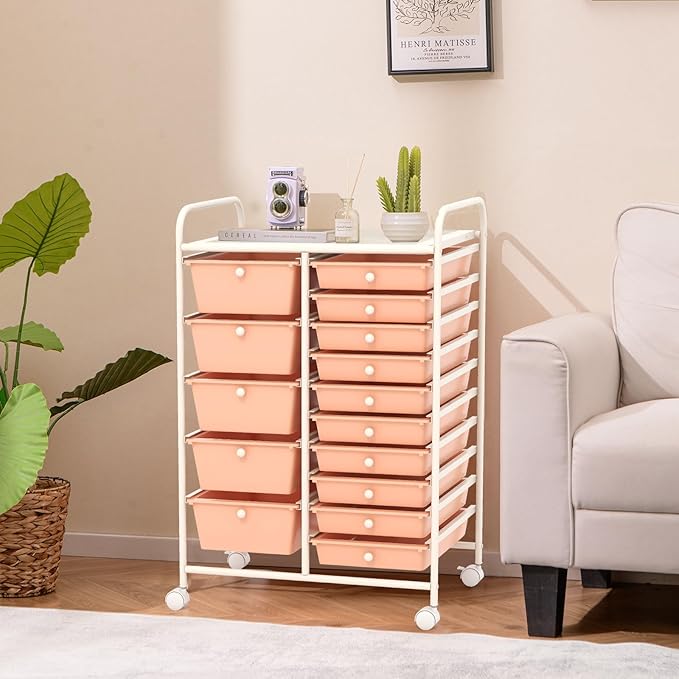 GLACER 15 Drawers Rolling Cart, Storage Cart with w/Removable Drawers & Steel Frame, Multipurpose Organizer Cart w/Sleek Handle, Utility Cart on Lockable Wheels for Home, School, Office (Peach)
