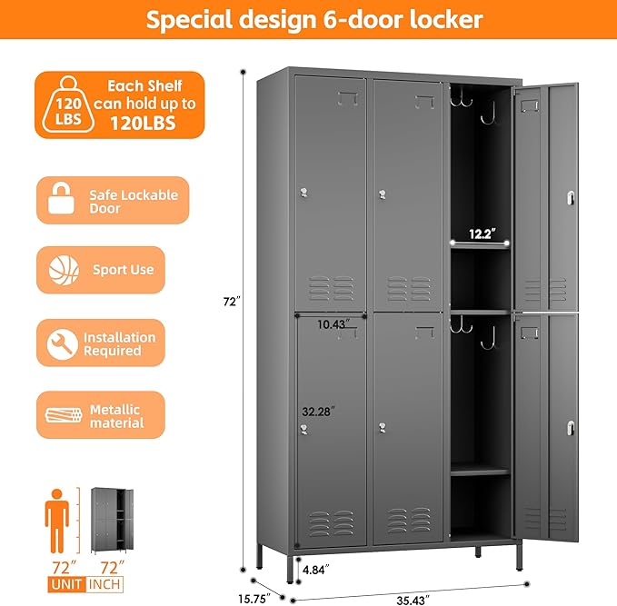 SUPEER 6 Doors Metal Lockers for Employees with 18 Hooks, Metal Employes Lockers with Ventilation Holes for School Garage Office Gym Home,Assembly Required,Dark Grey