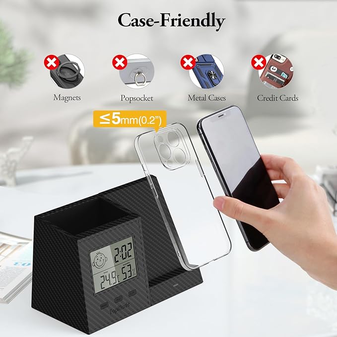 TopMade Wireless Charger with Pen Remote Holder, Multi-Functional Leather Nightstand Organizer Fast Charging Station, Digital Thermometer and Humidity Gauge, Desktop Storage (Black Carbon Fiber