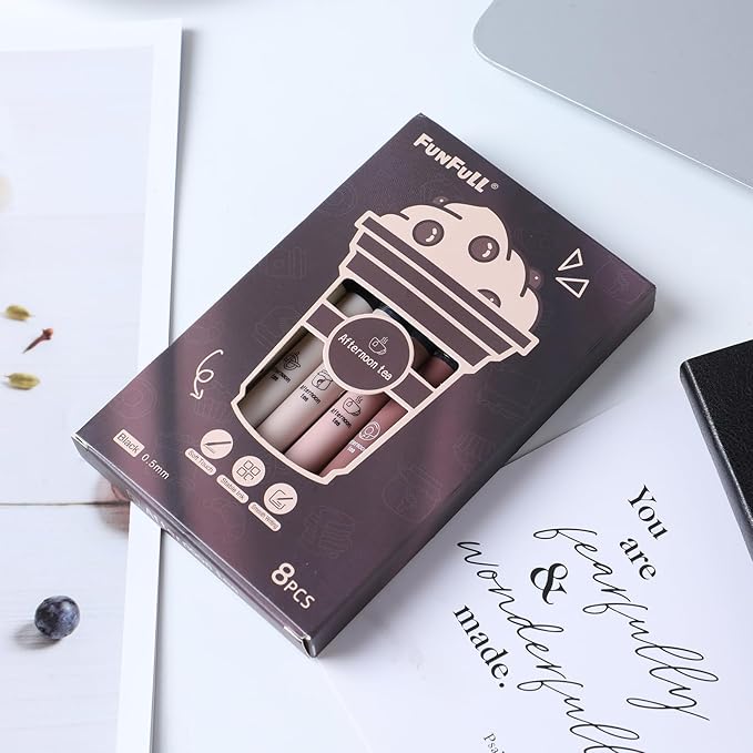FUNFULL Aesthetic Cute Stick Rollerball Pens, 8pcs Quick Dry Colored Liquid Ink Pens, 0.5mm Fine Point Coffee Gel Pens with Soft Touch Smooth Writing for Journaling Planner School Supplies