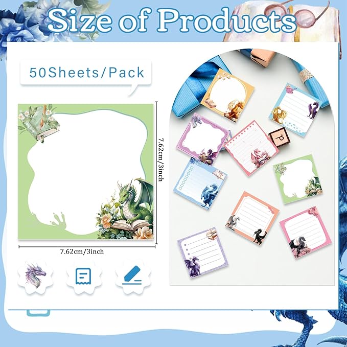 Lovarywow Dragon Sticky Notes Gifts, 9 Pack Cute Dragon Notepads 3x3 Inch Gifts for Students Coworkers, Funny Self-Stick Memo Pad Office School Supplies for Men Women (450 Sheets)