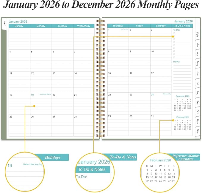 2026 Planner - Academic Planner 2026 from January 2026 to December 2026 with 12 Monthly Tabs, Flexible Cover, Inner Pocket, 8.5" x 11", Green