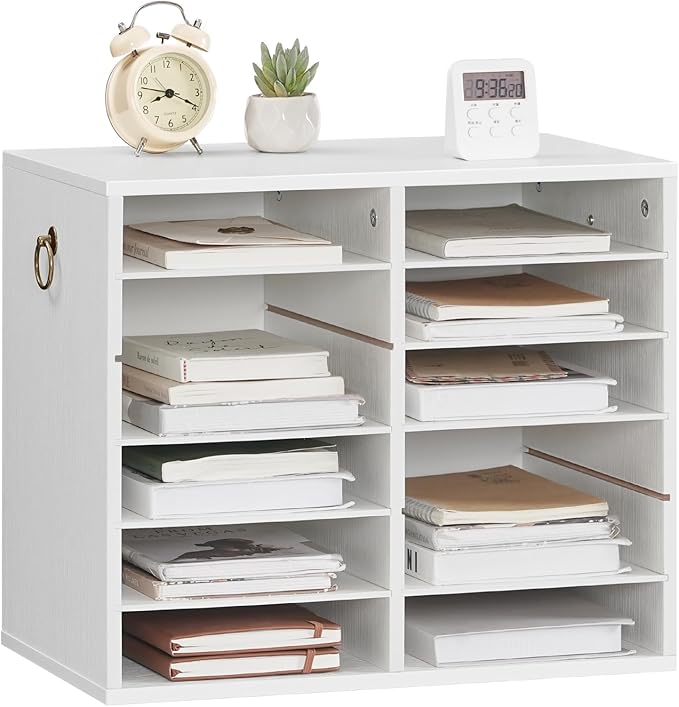HOOBRO Literature Organizers, 12 Compartments Office Mailbox with Adjustable Shelves, Wood Countertop Literature Sorter for Office, Home, Classroom, Mailrooms Organization White WT12WF01
