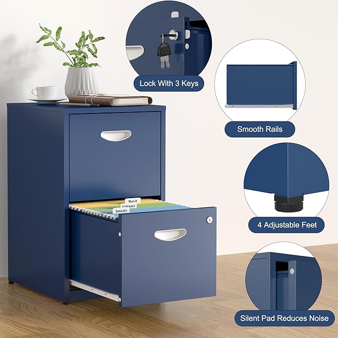 SteeLoong 2 Drawer File Cabinet with Lock,Blue Metal Office Drawers Filing Cabinets for Home Office, Two Drawer Under Desk File Cabinet for Hanging Letter,Easy Assemble