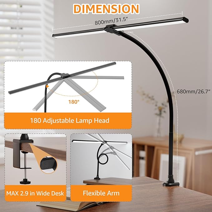 ShineTech Led Desk Lamp for Office Home, Bright Double Head Desk Light with Clamp, Architect Task Lamp 50 Lighting Modes Adjustable Flexible Lamp